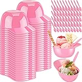 Irenare 50 Sets Mini Baseball Helmet Ice Cream Snack Bowls 8 oz with Disposable Taster Spoons Set Small Plastic Ice Cream Cups Dessert for baseball Party Gift (Pink)
