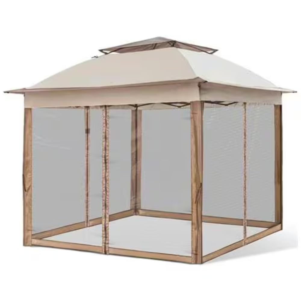 BAKAJI Gazebo 3 x 3 metri Pieghevole con Zanzariere Tessuto Poliestere Impermeabile Struttura in Metallo Richiudibile a Fisarmonica Tendone Portatile Fiera Mercato Giardino Esterno + Custodia Beige