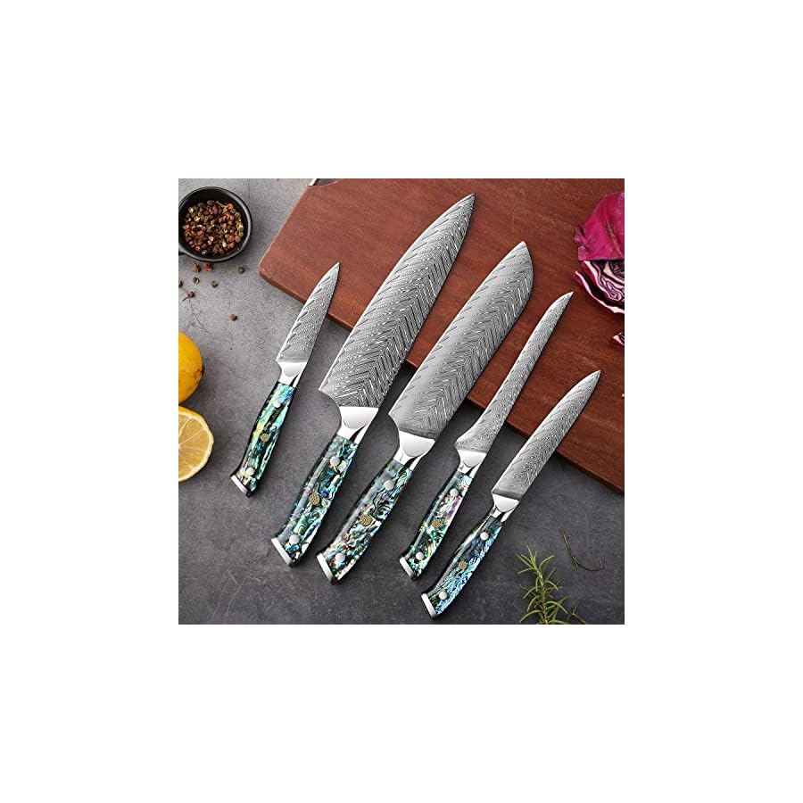 SENKEN-Damascus-Steel-Kitchen-Knife-Set-Umi-Collection-67-Layer-Japanese-VG10-Steel-Real-Deep-Sea-Abalone-Shell-Handle-Chefs-Knife-Santoku-Paring-Fillet-Utility-5-Piece-Damascus-Knife-Set SENKEN Damascus Steel Kitchen Knife Set - Umi Collection - 67-Layer Japanese VG10 Steel, Real Deep-Sea Abalone Shell Handle, Chef's Knife, Santoku, Paring, Fillet, Utility (5-Piece Damascus Knife Set)