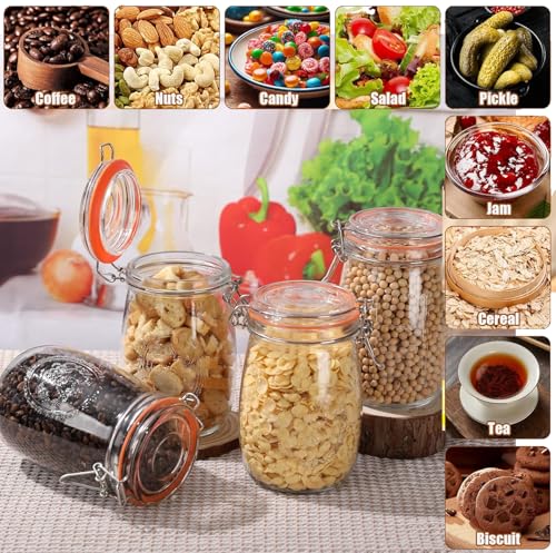 Image of 32oz Wide Mouth Glass Jars 4 Pack with Airtight Hinged Lids, Large Clear Kitchen Canisters with Measurement Marks & Decorative Fruit Design for Flour, Coffee, Beans, and Canning (6pack-32oz)
