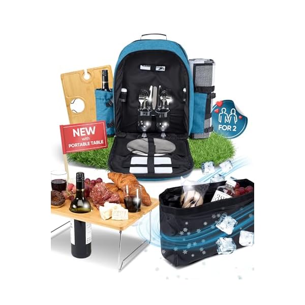 Picnic Backpack for 2 - All-in-One for Couples [with Picnic Blanket & Portable Wine Table] - Waterproof 32L - Insulated Picnic Set - Cooler Pouch & Wine Holder - Dating, Outdoor & Camping