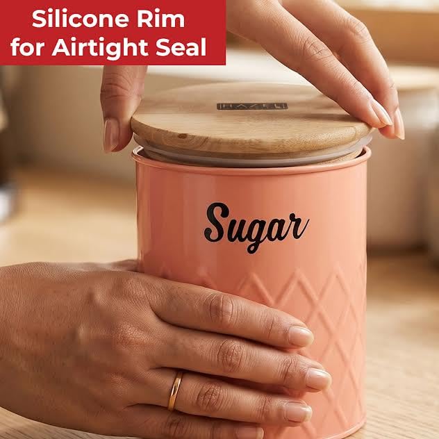 Image of HAZEL Tea Coffee Sugar Container Set of 3 with Airtight Wooden Lid