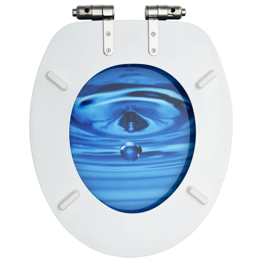 Sedile WC in MDF blu con funzione di abbassamento automatico e design a goccia d'acqua, robuste cerniere in zinco cromato regolabili da 12 a 20 cm, adatto per tutti i WC comuni