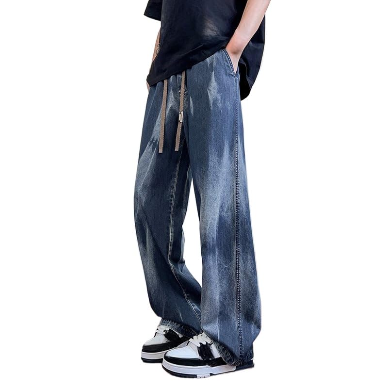 Men's Jeans Casual Gradient Y2k Loose Fit Drawstring Elastic Waist Straight Leg Denim Pants Hip Hop Streetwear