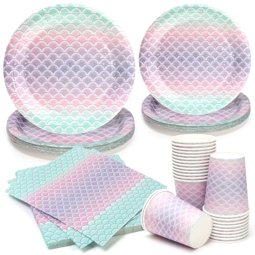 PCLMLES 96pcs Party Plates Mermaid Scale Tableware Set Kids Birthday Party Plates for 24 Guest Disposable Table Supplies Picnic Tea Party(Include Plates,Cups and Napkins)