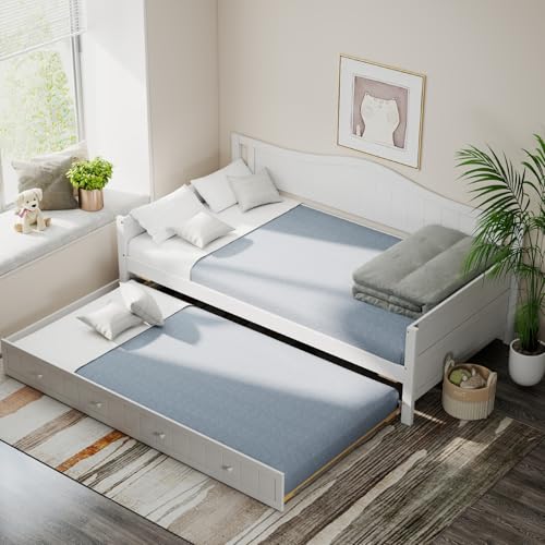 Sweetcrispy Twin Size Day Bed Frame with Trundle, Integrated Headboard & Armrests, Space-Saving...