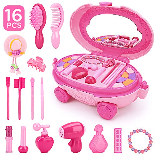 KKONES Pretend Makeup for Girls - 16 Piece Play Makeup Set- Exquisite Cosmetic case with Colorful LED and Music - Realistic Toys Makeup Set for Girls Party Game Birthday Best Gift