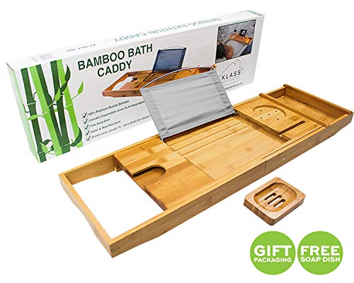 Klass Home Collection Bandeja de baño de bambú Natural, Extensible, Multiusos, con Soporte para Copas de Vino, Soporte para Libros y tabletas iPad, Kindle y Soporte para teléfono, Accesorios de baño