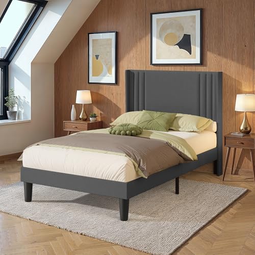 Blsihom Cama Tapizada de 120 x 200 cm, Estructura de Cama Individual con Cabecero Acolchado y Somier de Láminas, Ideal para Dormitorio de Adultos o Invitados, Estructura de Madera y Metal