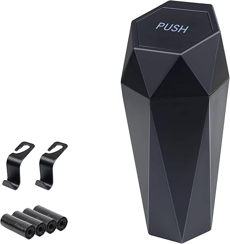 Basurero para automóvil, cubo de basura con tapa, accesorios de automóvil para interior de mujer, cubo de basura para automóvil con 2 ganchos de ABS