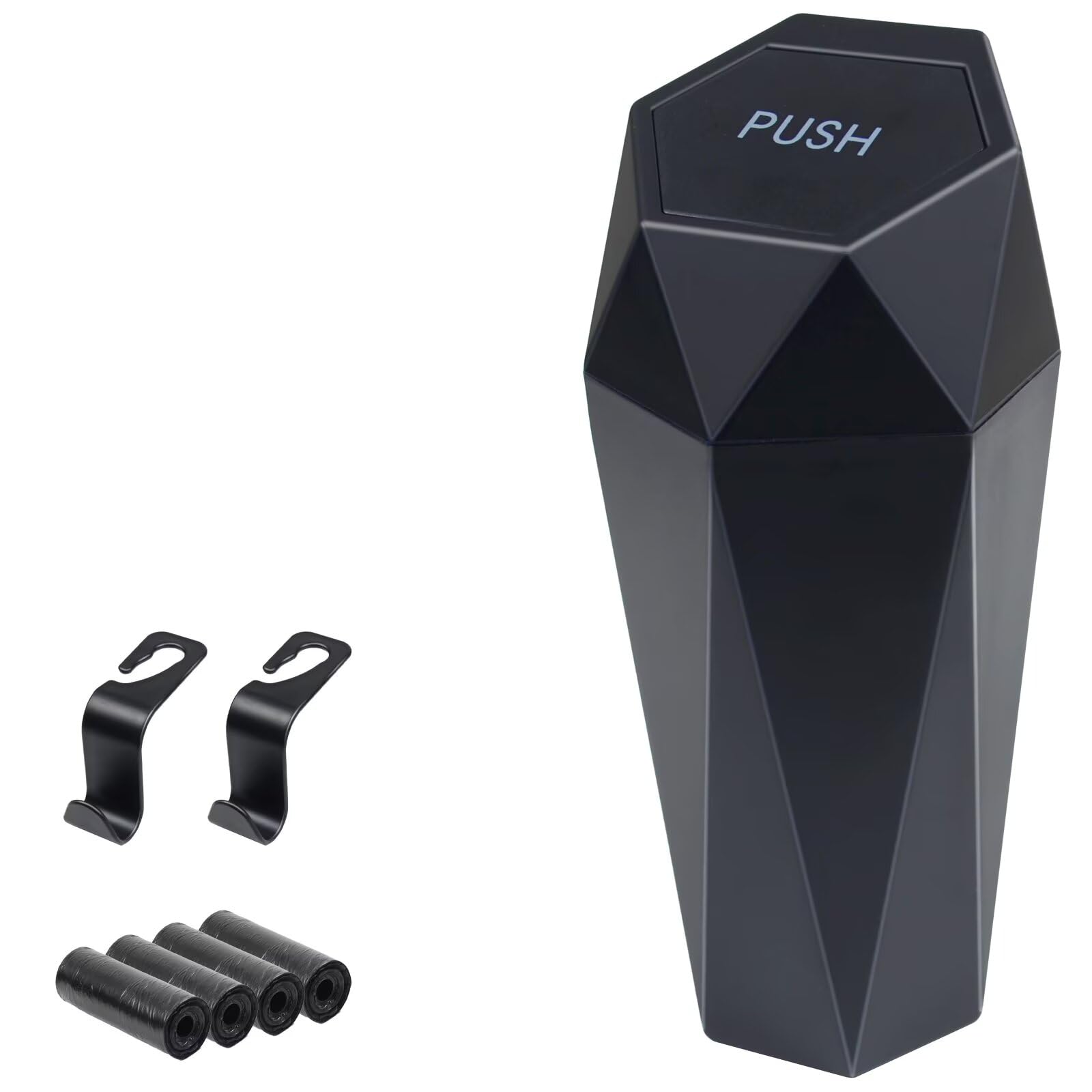 Car Trash Can, Car Trash Bin with Lid, Car Accessories for Women Interior, Car Garbage Can with Additional 2 ABS Hooks and 60pcs Trash Bags, Suitable for Home, Office, Car Organizer, Black