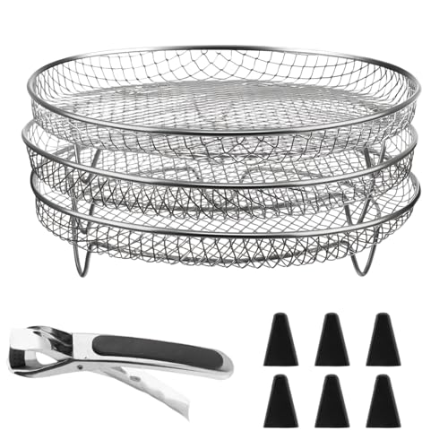 3-tlg. 304 Edelstahl Stapelbare Körbe für Airfryer, PHMING Gitter für Heißluftfritteuse, Heißluftfritteuse Racks mit Erhöhten Silikonfüßen & Verbrühschutzclip, Praktisches Zubehör für Airfryer