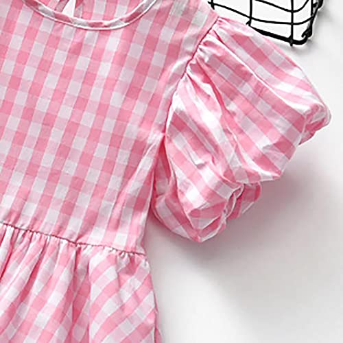 Toddler Girls Puff Sleeve Gingham Shirts Plaid Ruffle Blouse Girls Casual Tops Crewneck Tee Shirt Baby Summer Clothes3