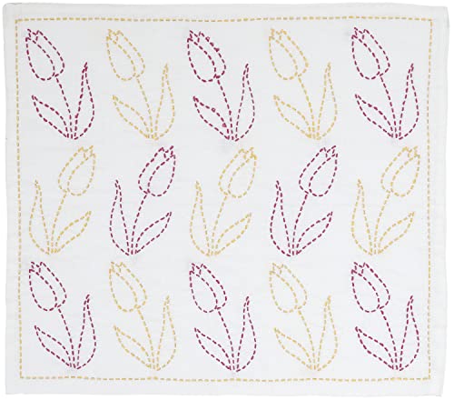 原ウール 刺し子のふきん 刺し子 キット 北欧 モダン 布巾 伝統柄 日本製 猫 綿100 01.チューリップ