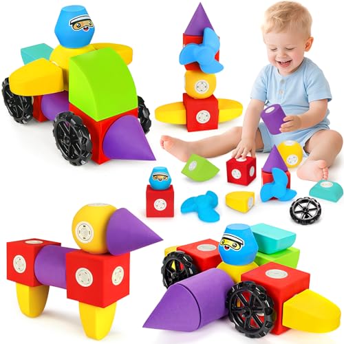 Hodurgyi 15 PCS Magnetic Foam Blocks, STEM Preschool Toys for Children, Magnetic Building Blocks for Toddlers, Kids Bath Toys and Montessori Sensory Toys, Birthday for Boys & Girls Age 3 4 5 6+