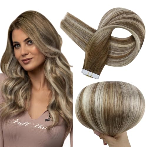 Full Shine Tape In Hair Extensions Human Hair, Rooted Ash Blonde 18 Inch