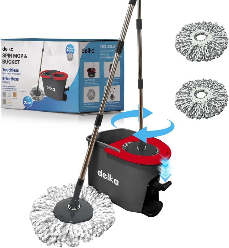 delka Spin Mop and Bucket Set Easy Foot Pedal Water Removal 360 Swivel Motion Includes 2 Microfibre Mop Heads All-Surface Cleaning Splash Guard for Clean Mopping (Spin Mop Black and Red)