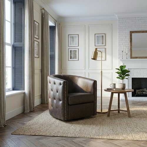Image of Signature Design by Ashley Brentlow Swivel Chair with Faux Leather Upholstery, Barrel‑Back Seating, Antiqued Nailhead Trim and Tufted Sides for Living Room or Bedroom, Dark Brown