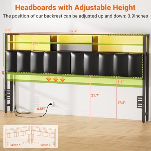 Image of Aheaplus Headboard for King Size Bed with Storage, Upholstered Headboards | with Outlets, USB Ports and LED Light, Reversible King Size Head Board, Height Adjustable, Comfortable Headboard, Black