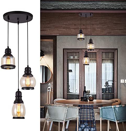 Mukeriya Cluster Pendant Light with Tawny Glass Jar Shade Matte Black 3-Lights Adjustable Hanging Lighting (Bulb Not Included)