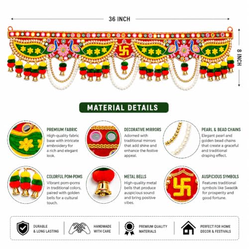Image of ONESTA Handcrafted Designer Door Toran Bandhanwar with Peacock Swastik & Mirror Work | Traditional Main Door Hanging with Pearl Chains Bells & Pom Pom Tassels | Diwali Pooja Temple & Home Entrance Decoration 3 Feet 36 Inch Pack 01