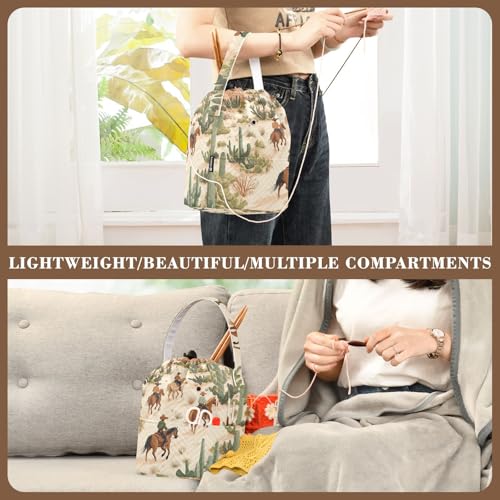 Image of ElliTarr Crochet Bag Yarn Bag with Handle Portable Knitting Project Bag Travel Yarn Storage Organizer Holder Case Cowboys Horses Cactus Desert Beige