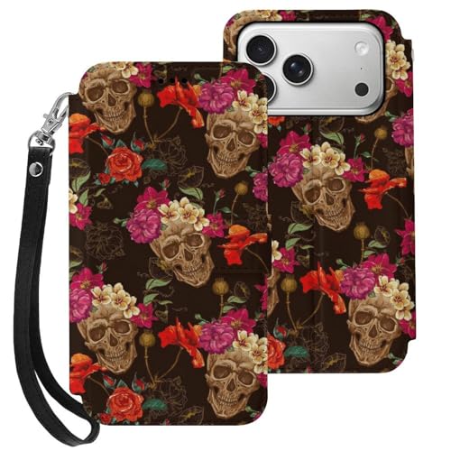 iphone 17用 ケース 頭蓋骨 髑髏 花柄 手帳型 と互換性のある カード収納 いphone17用 カバー 手帳型 Puレザー 横置きスタンド機能 折りたたみ スマホケース スタンド付き アイフォン 17用 ケース 内蔵マグネット 開閉式 財布型 軽