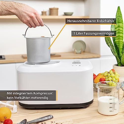 TZS First Austria Eismaschine & Joghurtbereiter | Ice Cream Maker selbstkühlend mit Kompressor und entnehmbarem 1 Liter Eisbehälter | Joghurtmaschine für zuhause - inkl. Messbecher & Spachtel – Bild 7