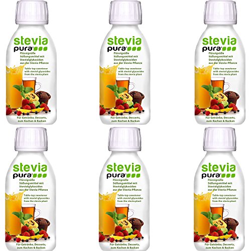 steviapura Stevia Flüssigsüße | 6 x 150ml Flasche | OHNE FRUCTOSE | Stevia | Süßstoff | Zuckerersatz | Laktosefrei | Vegan | von Natur aus Glutenfrei | Halal | Kalorienarm | Ideal für Desserts, Getränke, Salaten, Suppen und Smoothies Cover