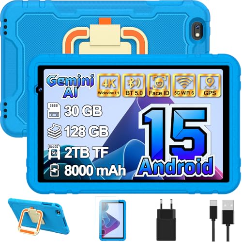 Android 15 Niños Tablet 10 Pulgadas Gemini AI, 30GB RAM+128GB ROM, Control Parental, 8000 mAh, 8-Core, 5MP+8MP, 5G Wifi6, Protective Antichoque Eva Estuche Protector + Soporte giratorio de 360°(Azul)