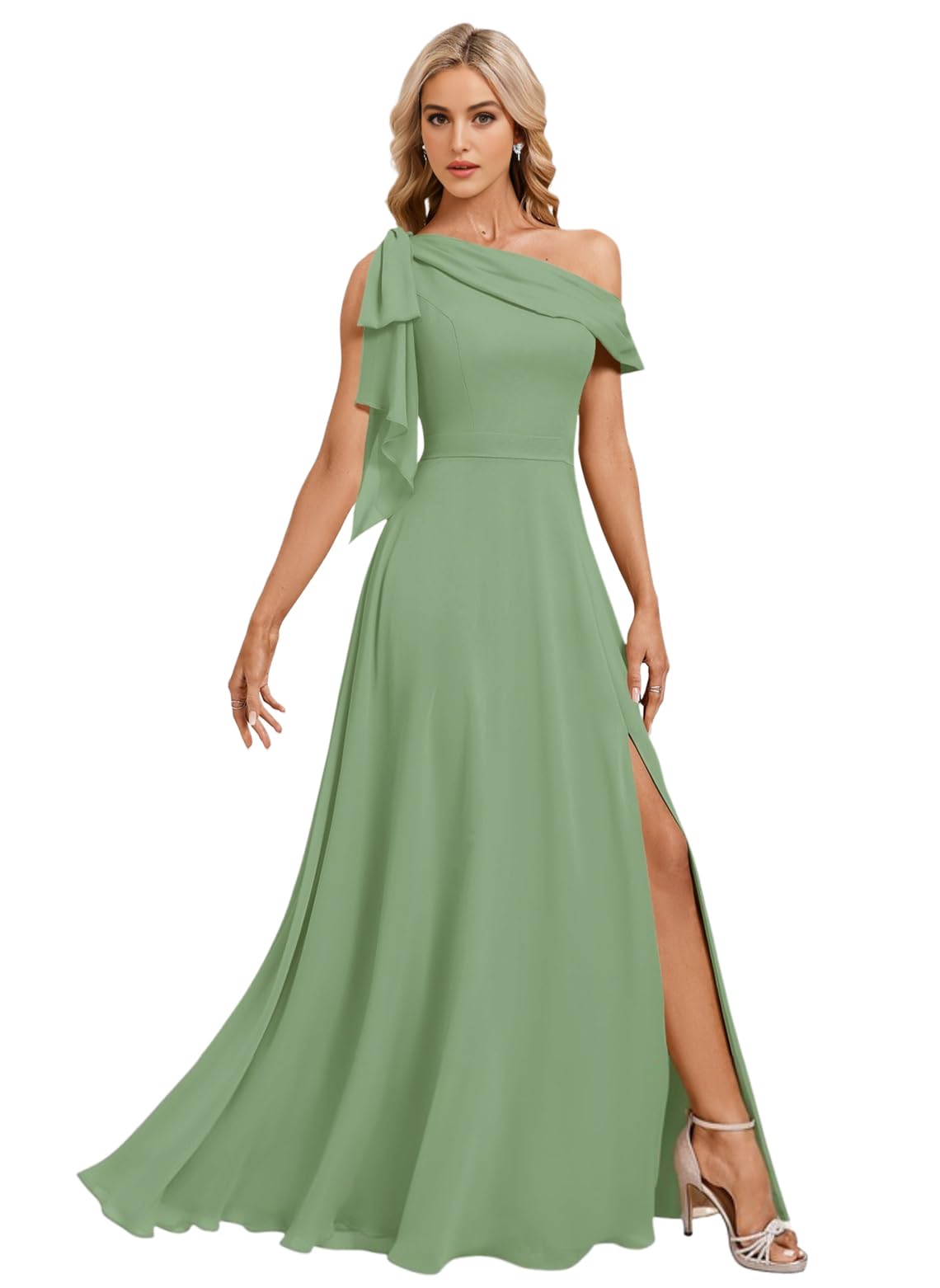 One Shoulder Bridesmaid Dresses for Women with Bow A Line Pleated Chiffon Long Evening Ball Dress with Slit