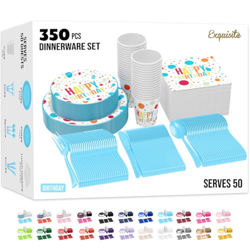 Image of Exquisite 350 Pcs Blue Happy Birthday Plates and Napkins Set, Blue Birthday Plates Set, 50 Of Each 9 inch Dinner Plate, 7 inch Dessert Plate, 12 oz Cups, Napkins & Cutlery Plastic Dinnerware Set