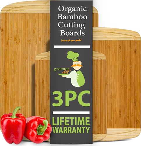 GREENER CHEF Organic Bamboo Cutting Board Set of 3 with Lifetime Replacements -...