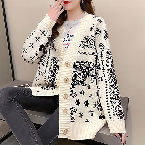 Women's Sweater Vintage V-Neck Jacquard Sweater Coat Women's Loose Casual Knitting Cardigan top 7