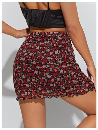 WDIRARA Women's Floral Print Lettuce Trim Mesh Bodycon Skirt Boho High Waist Mini Skirts2