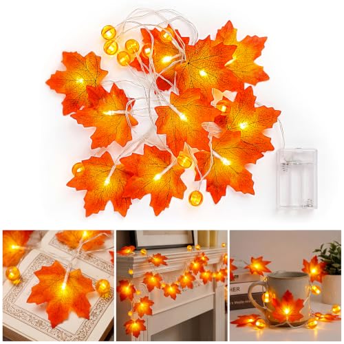 Paquete de 2 tiras de luces de calabaza de hoja de arce otoñal, 3 m, 20 LED, 2 modos de iluminación, funciona con pilas, mini calabazas naranjas y hojas de arce, ABS, impermeable, guirnalda de otoño