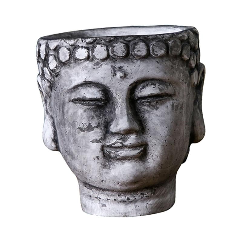 FashionCha Buddha-Kopf Blumentopf als Tischdeko, Pflanzenbehälter für Garten und Hinterhof, Steingrau