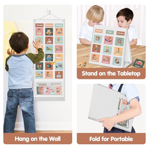 Image of Large Visual Schedule for Kids Chore Reward Chart,Bedtime Routine Chart for Toddlers,Double Side Schedule Board with 109 Cards for Home School Planner,Autism Learning Materials (White)