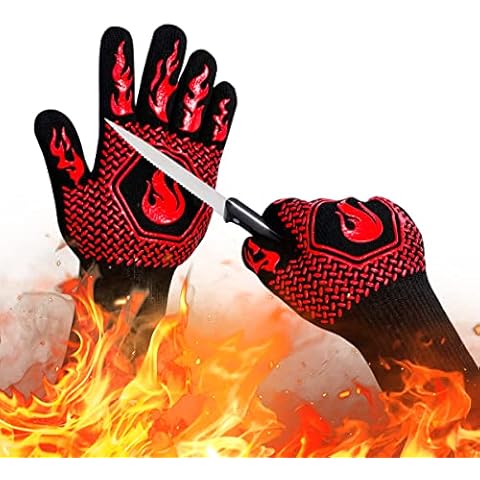 BBQ Fireproof Gloves, Grill Cut-Resistant Gloves 1472°F Heat Resistant Gloves, Non-Slip Silicone Oven Gloves, Kitchen Safe Cooking Gloves for Oven Mitts,Barbecue,Cooking, Frying,13.5 Inch-Red Cover