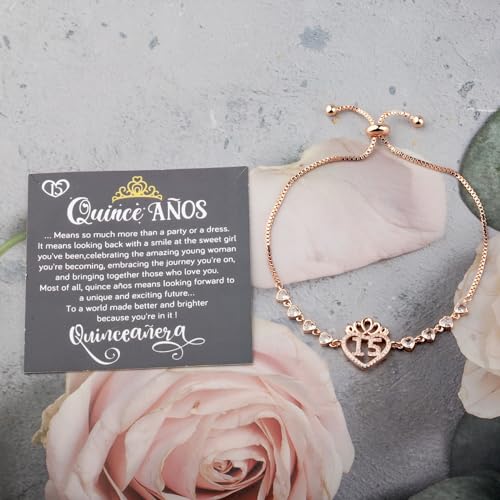 FEELMEM Quinceanera 15 Quince Anos Princess Crown Charm Bracelet Happy 15th Birthday Gift4