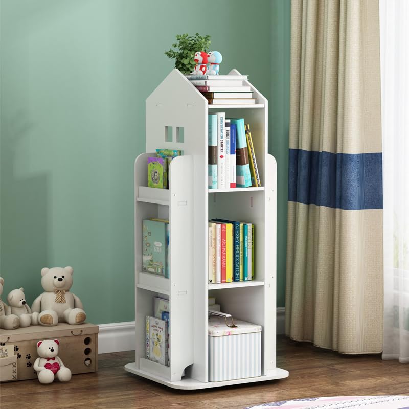 Kids Bookshelf Rotating Children's Bookcase with Storage, White Bookcase Floor Standing Book Storage Rack Kids Bookshelves Organiser for Kid Room, Bedroom, Study, Kindergarden