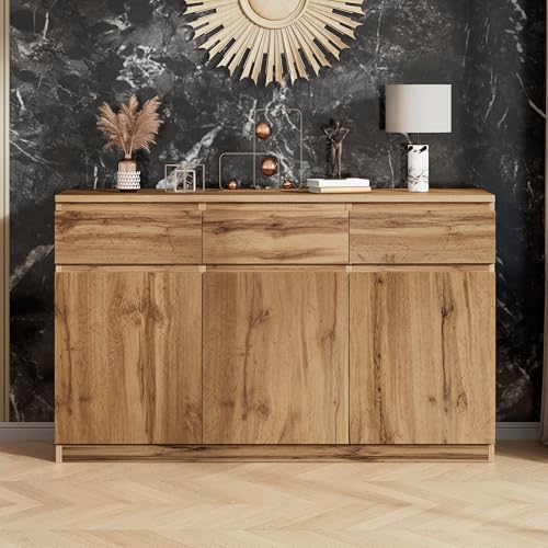 MSMOK Aparador multifuncional con aspecto de madera original con 3 puertas y 3 cajones, amplio armario de cocina, 135 x 40 x 81 cm