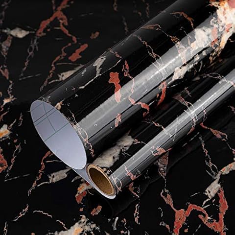 40cm×3m Black Orange Grain Marble Wallpaper Peel and Stick Vinyl Wrap Removable Glossy Faux Granite Contact Paper Kitchen Worktop Covering Wall Tile Sticker Adhesive DIY Film Drawer Liner Table Top Cover