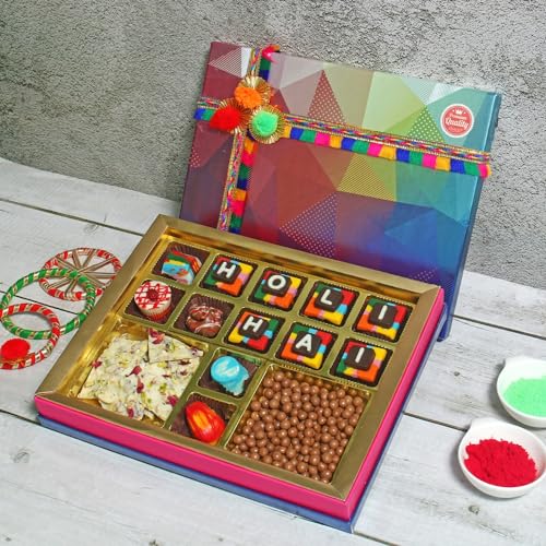 Image of Velvet Fine Chocolates Abeer Box 12 Assorted Chocolates, 100 Gms Coated Butterscotch, 50 gms Thandai bar Holi Gift Pack for Kids, Family, Friends, Employees