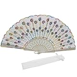 Newstarfactory White Colorful Sequins Embroidering Peacock Feathers Design Plastic Folding Hand Held Fan with Exclusive Gift