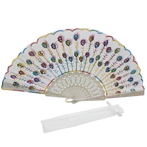 Newstarfactory White Colorful Sequins Embroidering Peacock Feathers Design Plastic Folding Hand Held Fan
