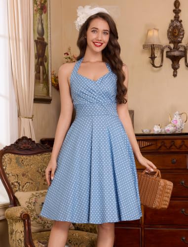 Image of 1950s Dresses for Women Vintage Retro Cocktail Party Swing Dresses Halter Floral Rockabilly 50s Polka Dot Pin up Dress