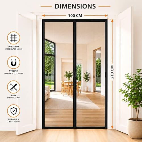 Image of Mosquito Net for Door Fiberglass Magnetic Curtain Auto Closing Insect Screen for All Door Types with Self Adhesive Hook Tape | Insect Repellent Size 7 feet Black Color