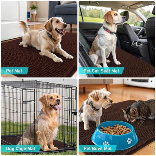 Image of OLANLY Dog Door Mat Set 4-Piece 36x24, Absorbs Moisture and Dirt, Absorbent Non-Slip Washable Doormat, Quick Dry Chenille Mud Mat for Dogs, Entry Indoor Entryway Carpet for Inside Floor, Brown