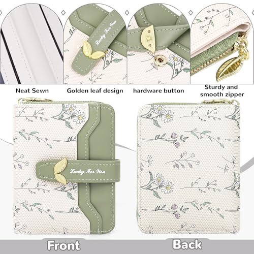 Small Wallet Womens Green Flower Cute Wallet's Women Mini Wallets for Ladies Slim Change Purse for Ladies Bifold Wallet Womens With Zipper Coin Pocket Purses Card Holder for Women3